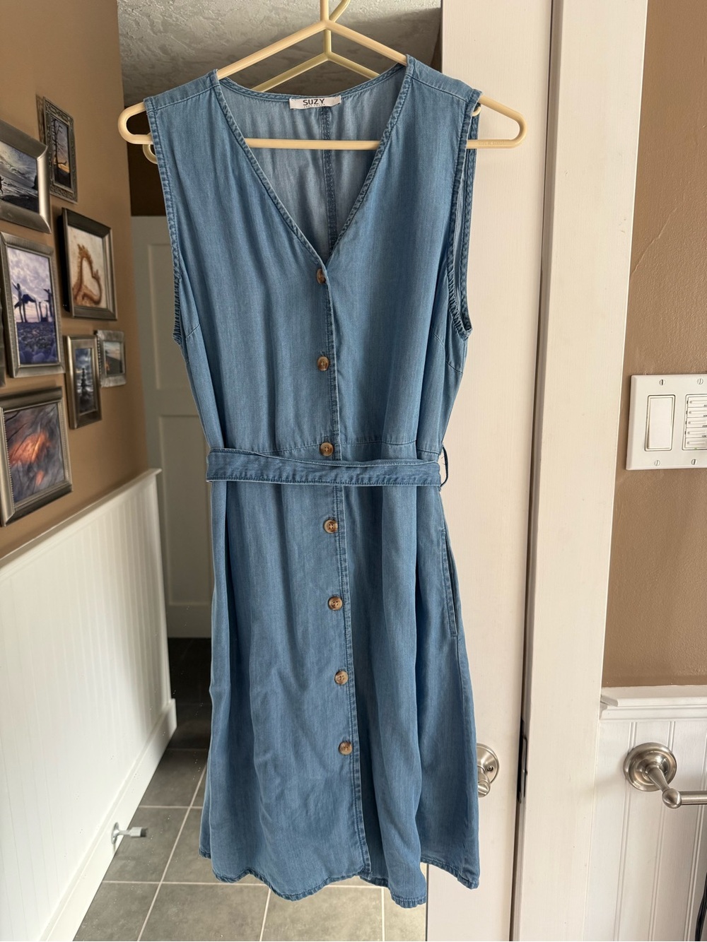Sleeveless Button-Front Dress in Light Denim Blue